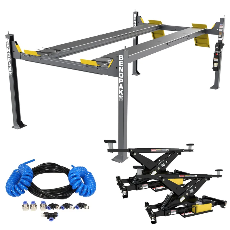 BendPak HDS14LSXE Four-Post Alignment Lift Package with RJ7W Rolling Jacks and Airline Kit