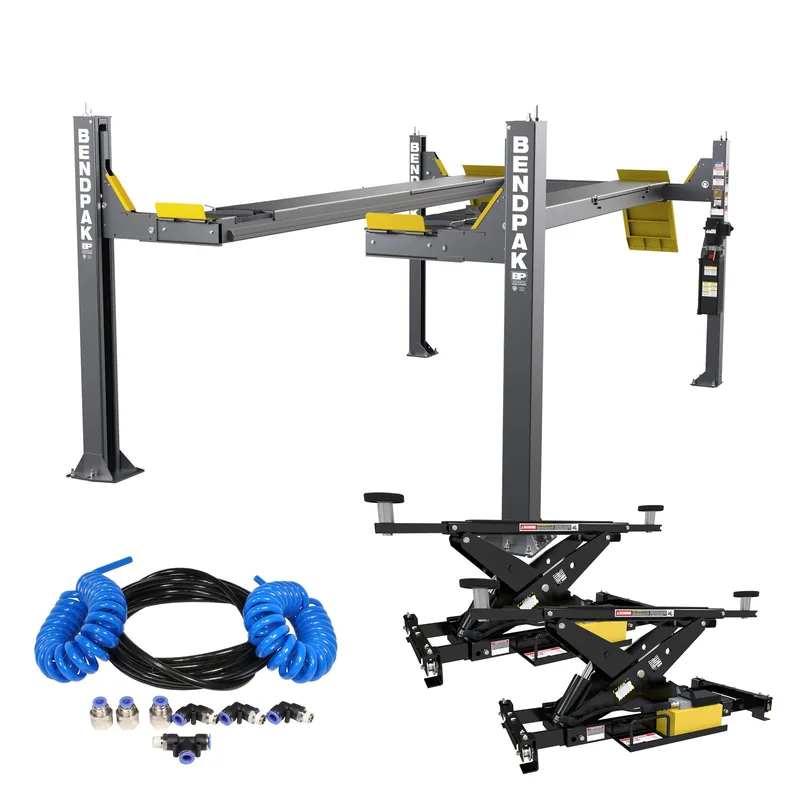 BendPak HDSO-14AX Four-Post Alignment Lift Package with RJ7W Rolling Jacks and Airline Kit