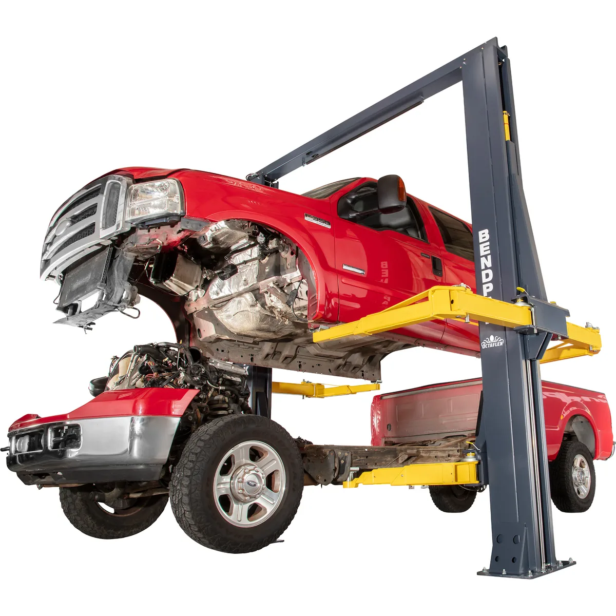Red pickup on the BendPak OctaFlex™ with its cab supported above the chassis