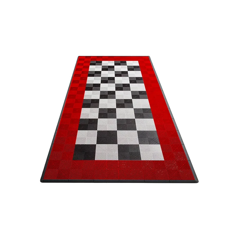 Ribtrax Pro One Car Garage Mat - Black and White Checkered with Red Border