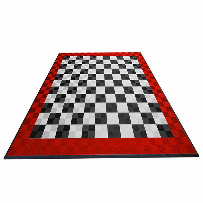 Ribtrax Pro Two Car Garage Mat - Black and White Checkered with Red Border